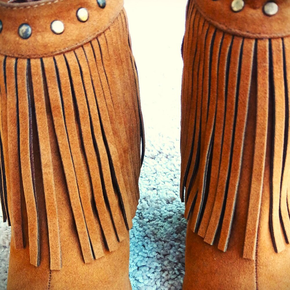 Adriana New York Cognac Suede Fringe Peep-Toe Wedge Booties - Picture 7 of 7